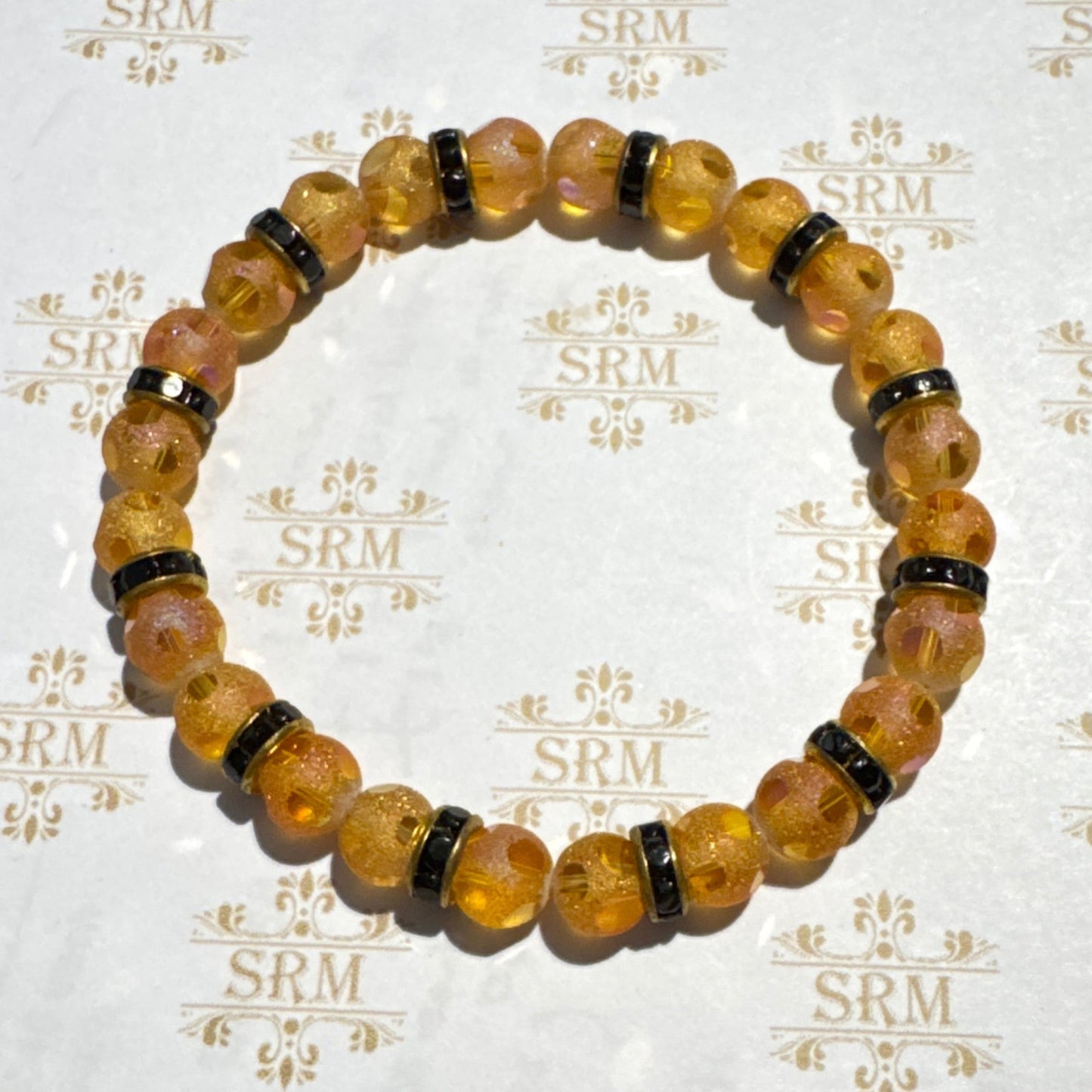Bracelet : 8mm Frosted Orange Glass and Rhinestones, 6¾", 7"+