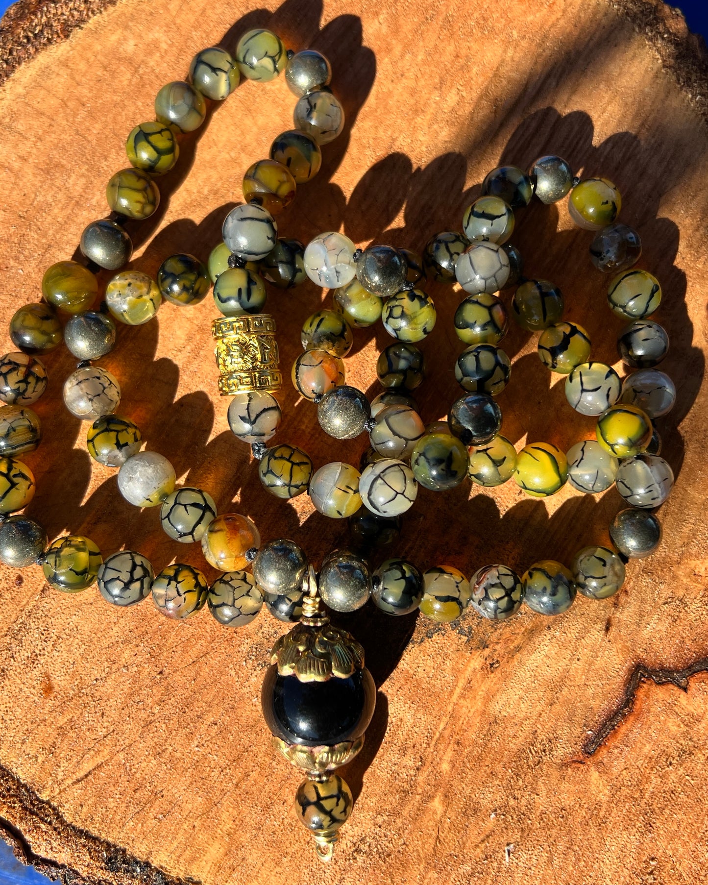 Necklace : Dragon Vein Agate (34") with Tibetan Bead Pendant (2")