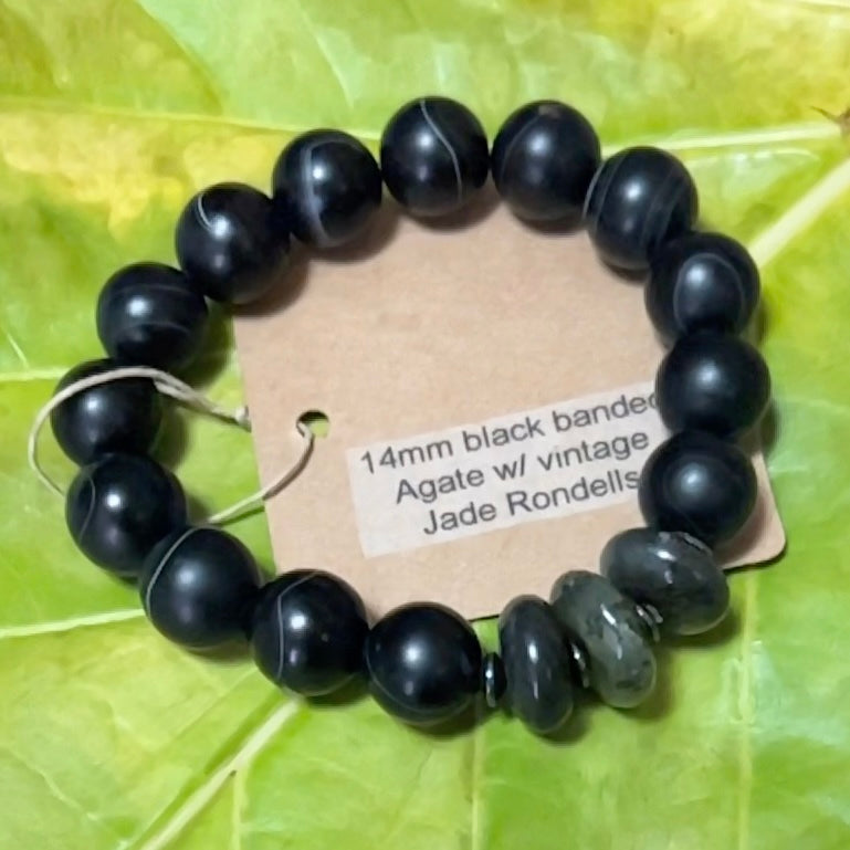 Bracelet : 14mm Black Banded Agate with Jade Rondelles, 7"+