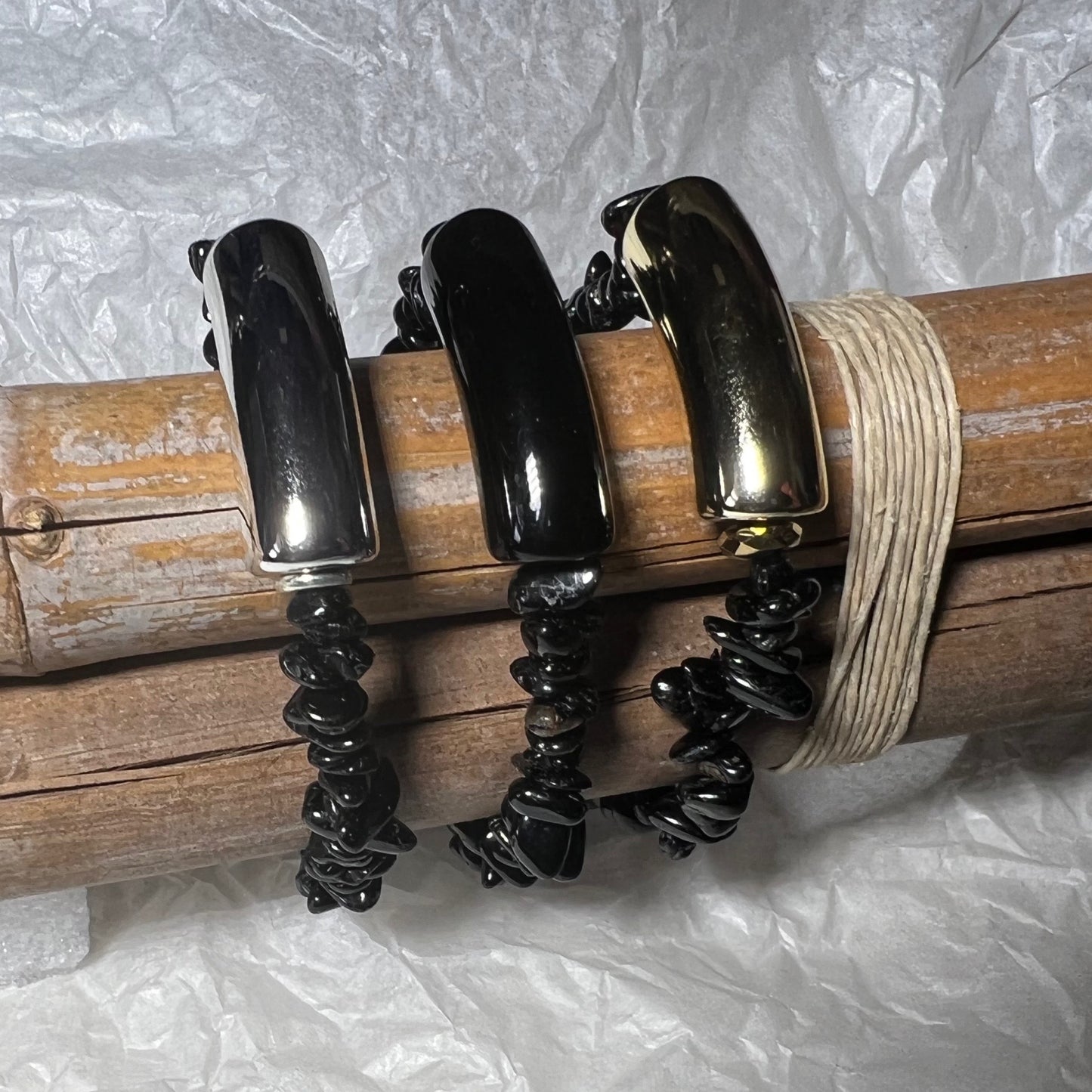 Bracelet : Chip: Black Tourmaline with Acrylic Focal in Silver, Black or Gold, 7"+