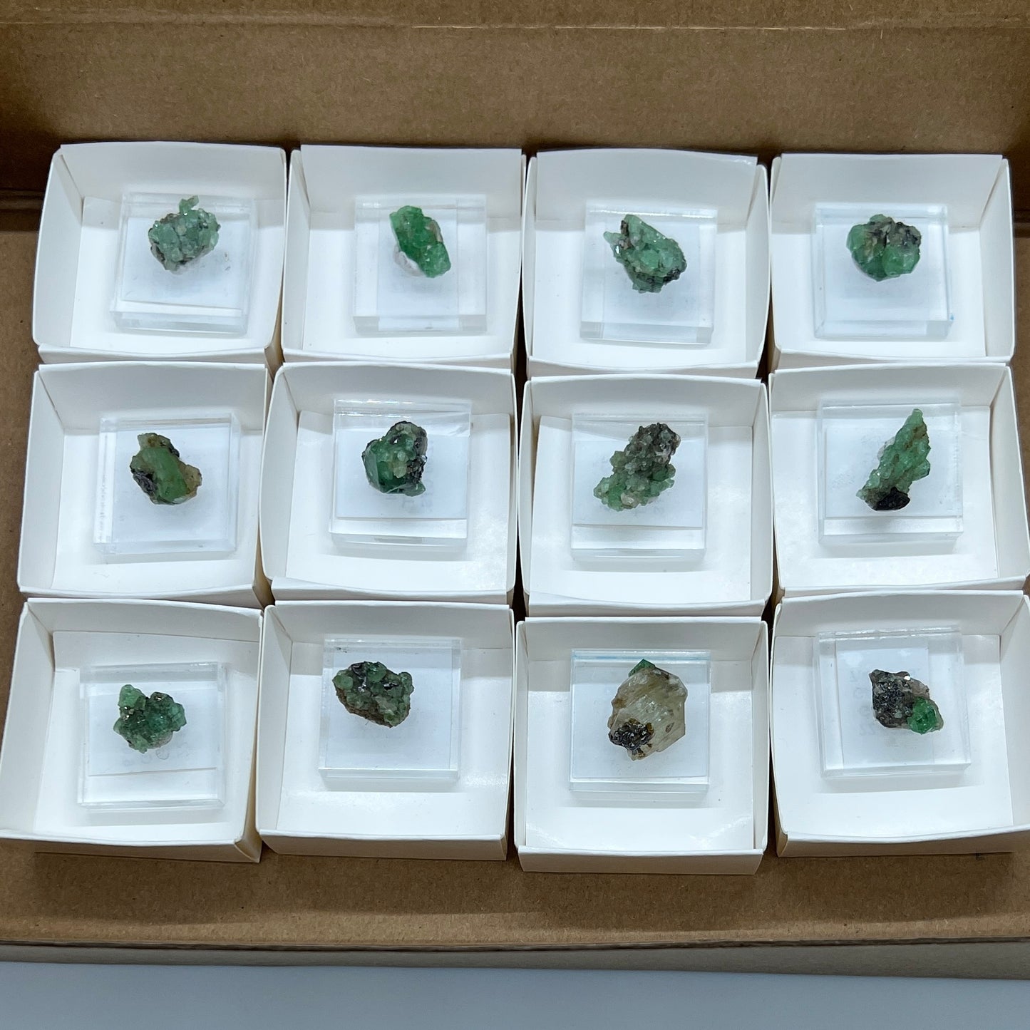 Bulk : Crystal : Mounted : Green Garnet / Tsavorite Crystals on acrylic bases, 12 pieces