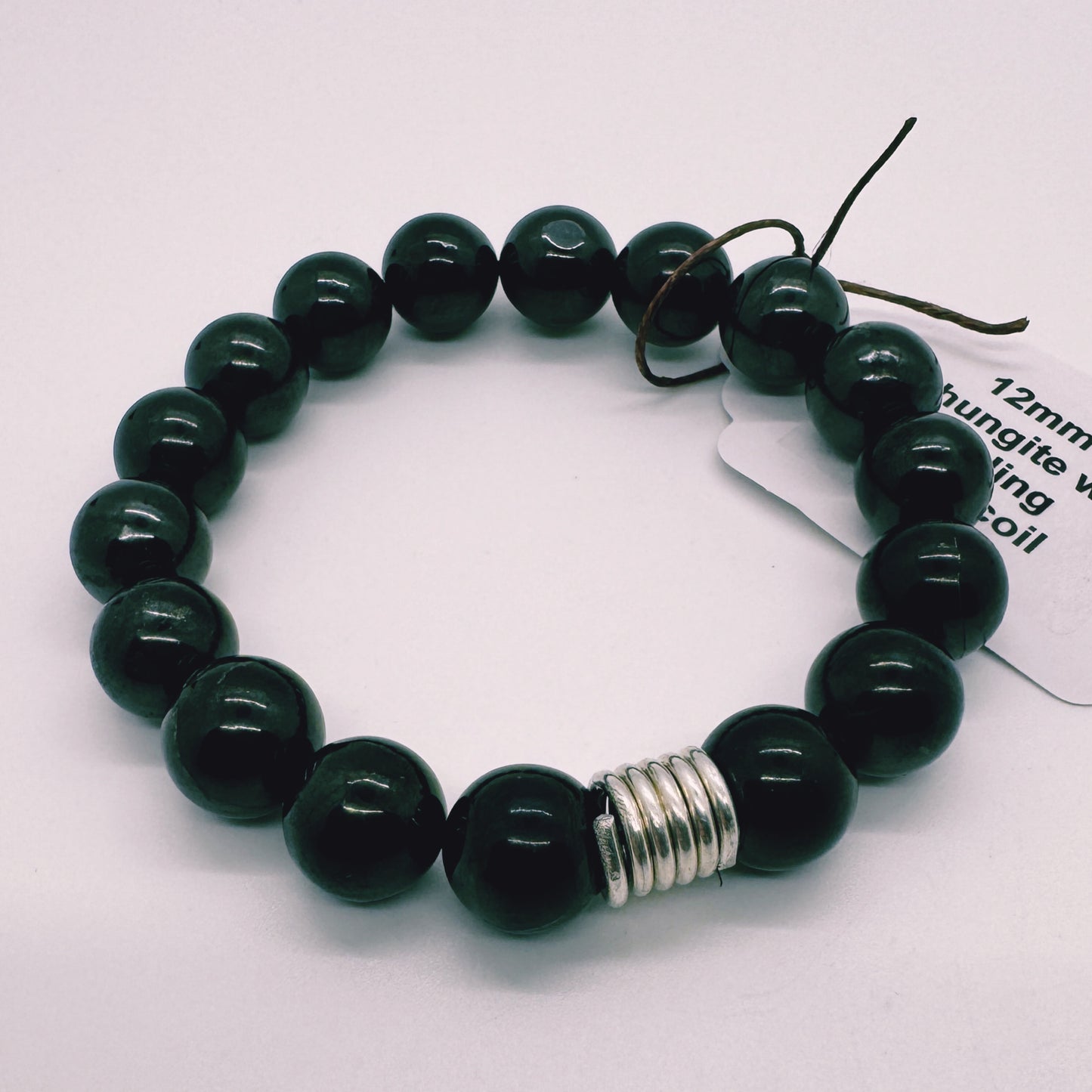 Bracelet : 12mm Shungite with Sterling Silver Coil bracelet, 7"+