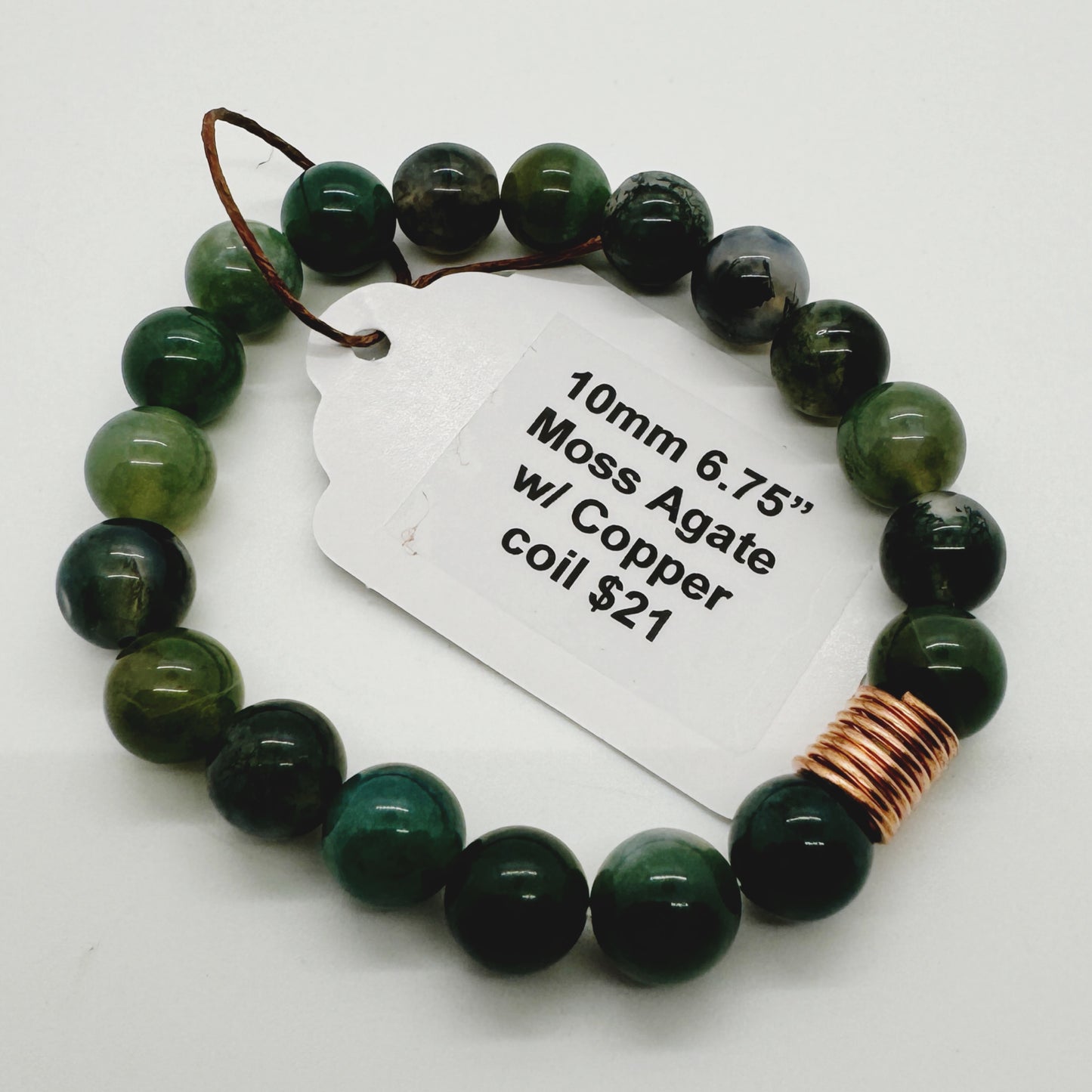Bracelet : 10mm Moss Agate with Copper coil bracelet, 6¾"