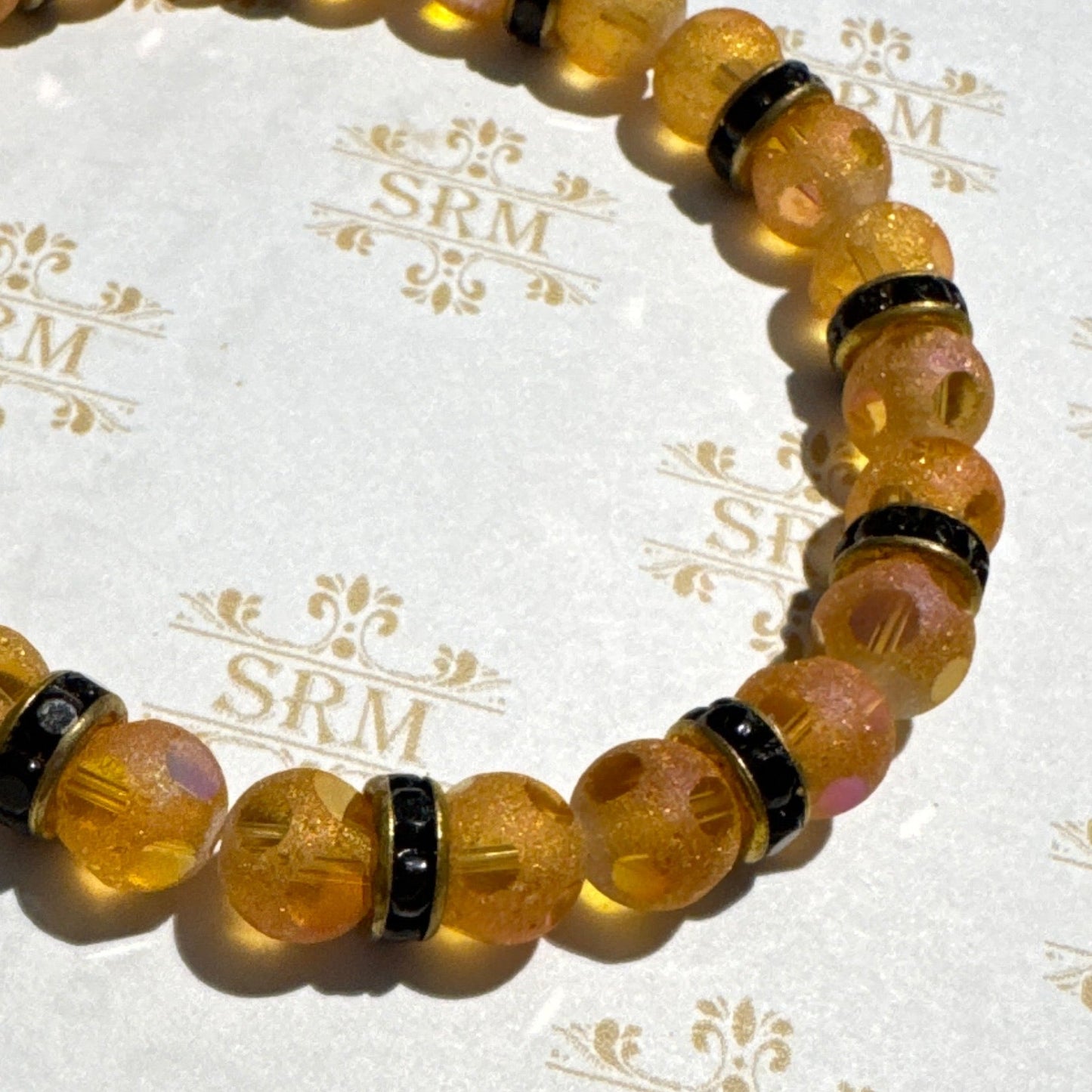 Bracelet : 8mm Frosted Orange Glass and Rhinestones, 6¾", 7"+