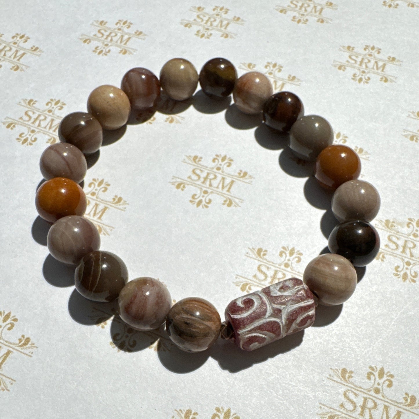 Bracelet : 10mm Red Petrified Wood with Jade Column, 6¾"