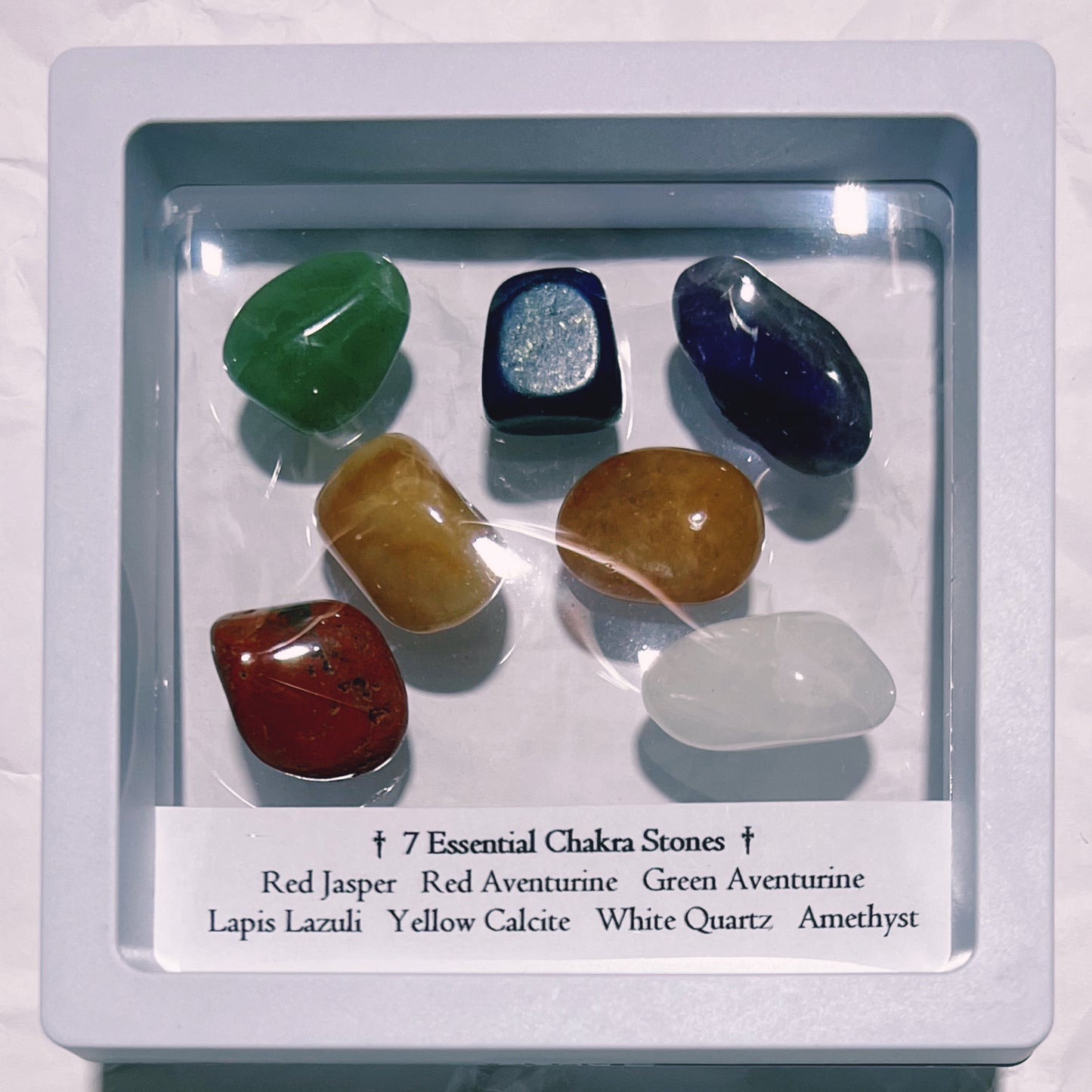 Framed : Tumble : 7 Essential Chakra Stones (tumbled) in see-through frame, 3½"