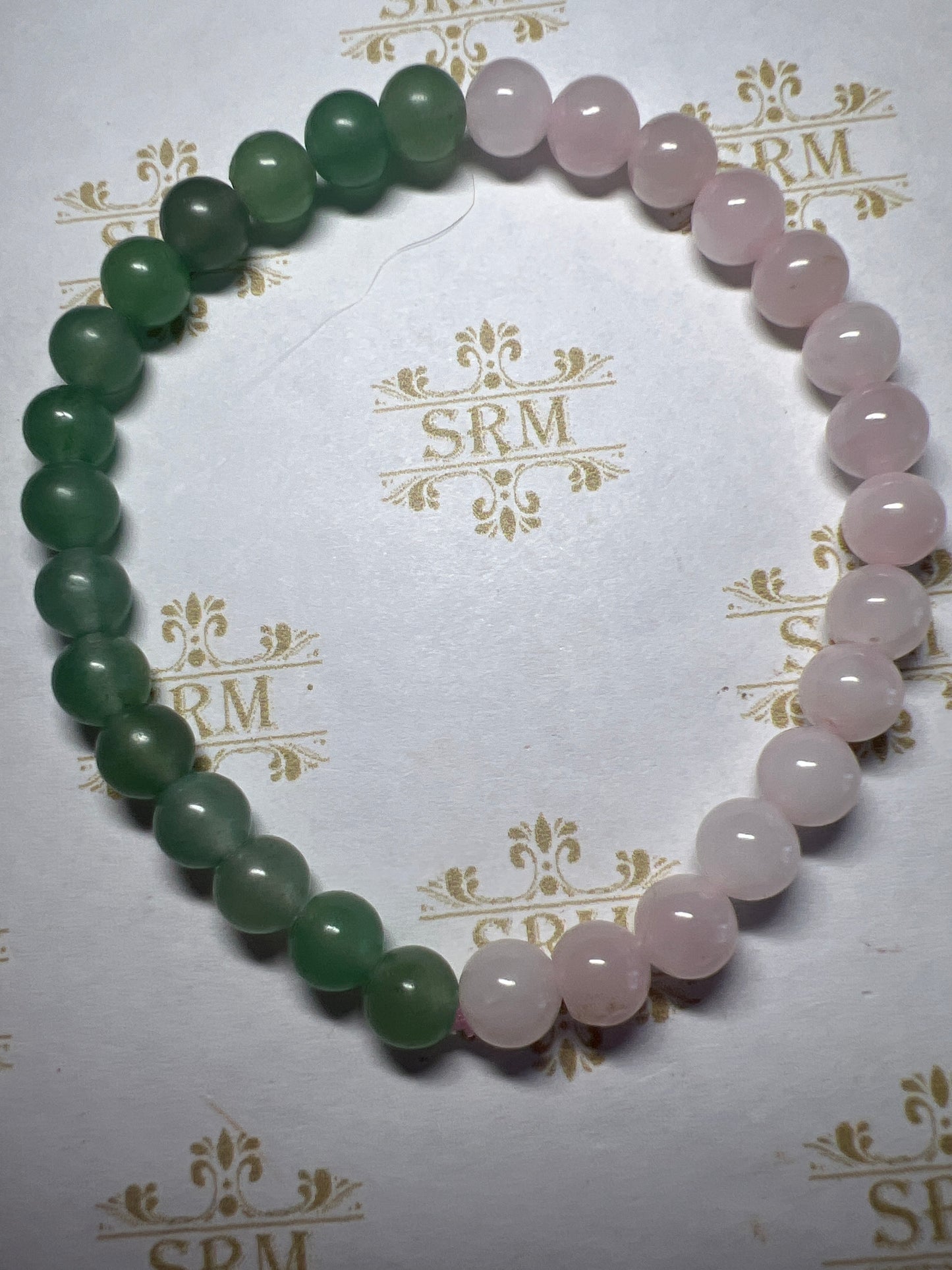 Bracelet : 6mm half Rose Quartz + half Green Aventurine : 6½”