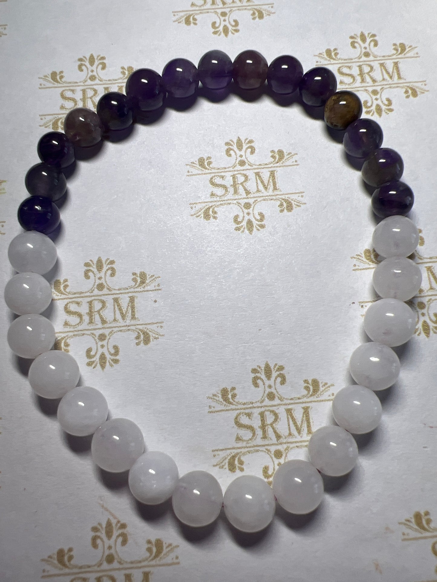 Bracelet : 6mm half Amethyst + half White Quartz : 6½”