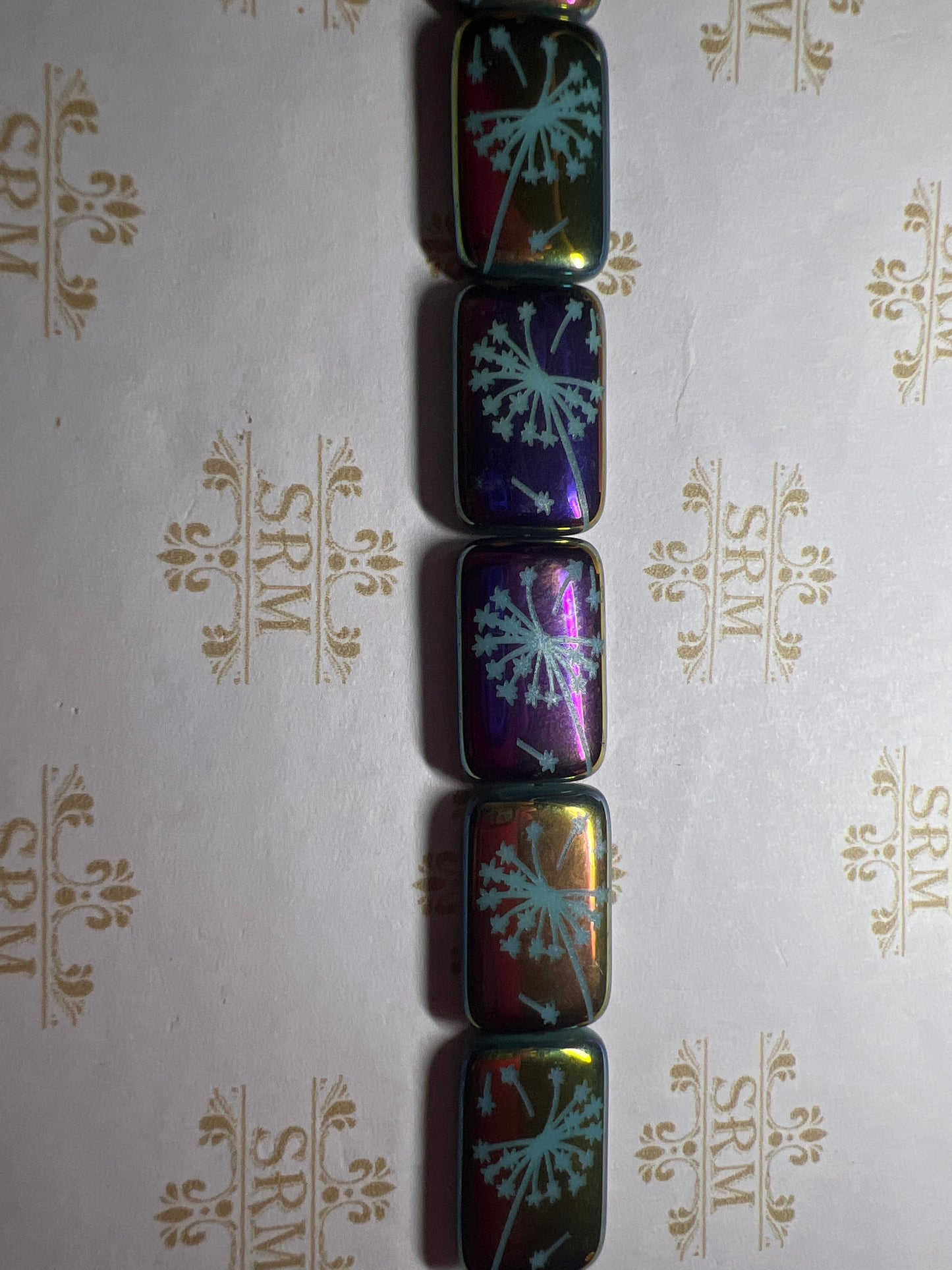 Beads : Czech Glass : Laser Tattoo Dandelion : Iridescent Blue Rectangle