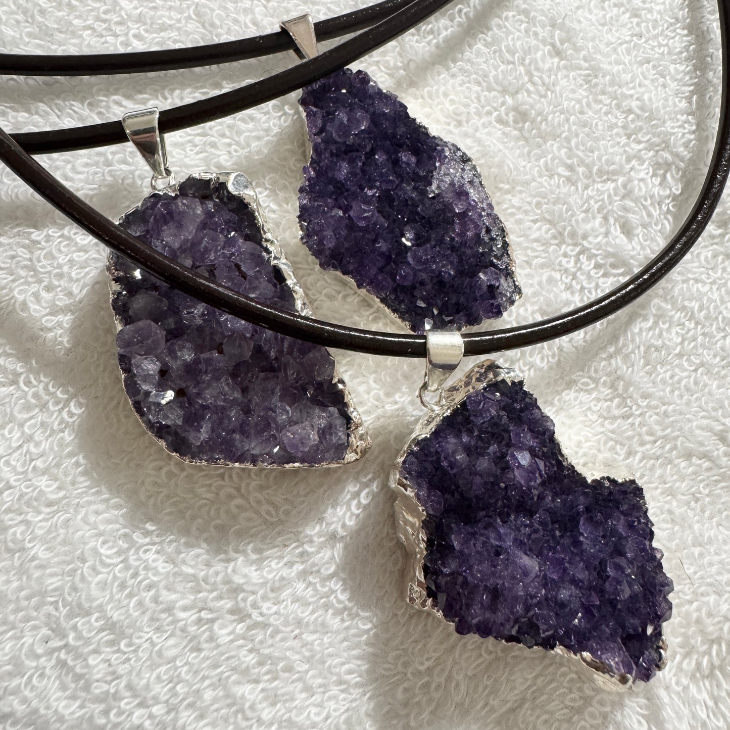 Necklace : Amethyst Druze Silver Pendant on Leather, large