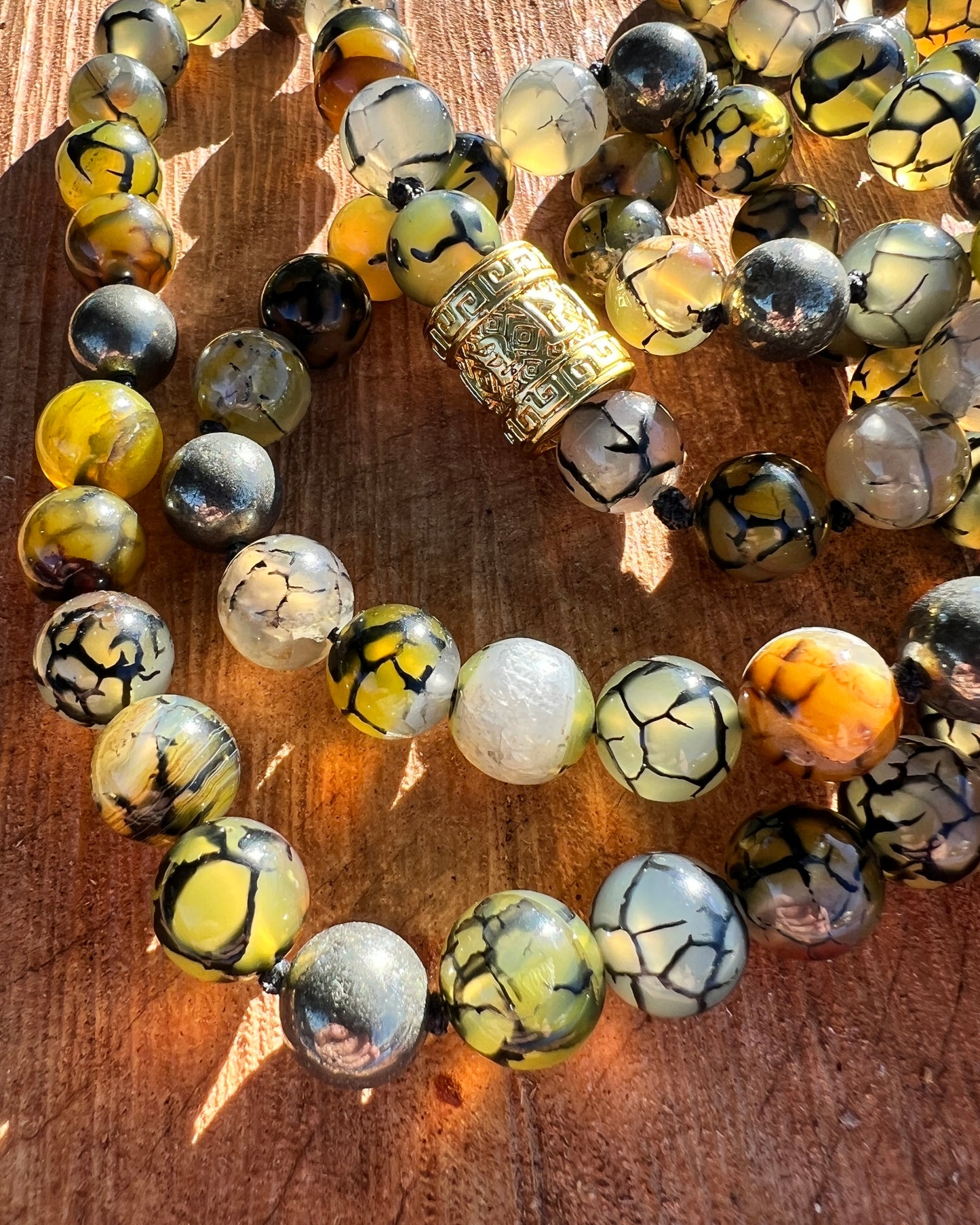 Necklace : Dragon Vein Agate (34") with Tibetan Bead Pendant (2")