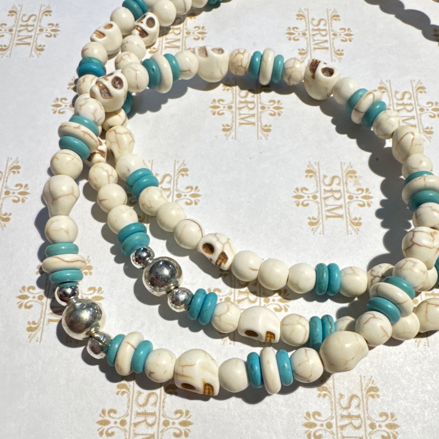 Necklace & Bracelet : 6mm Skulls Set, 24½" and 8"