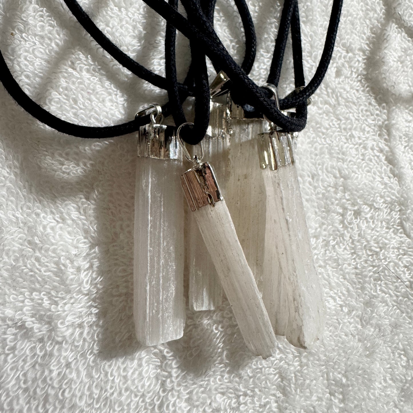 Necklace : Selenite Pendant and Fabric Cord, Gold-tone or Silver-tone fittings