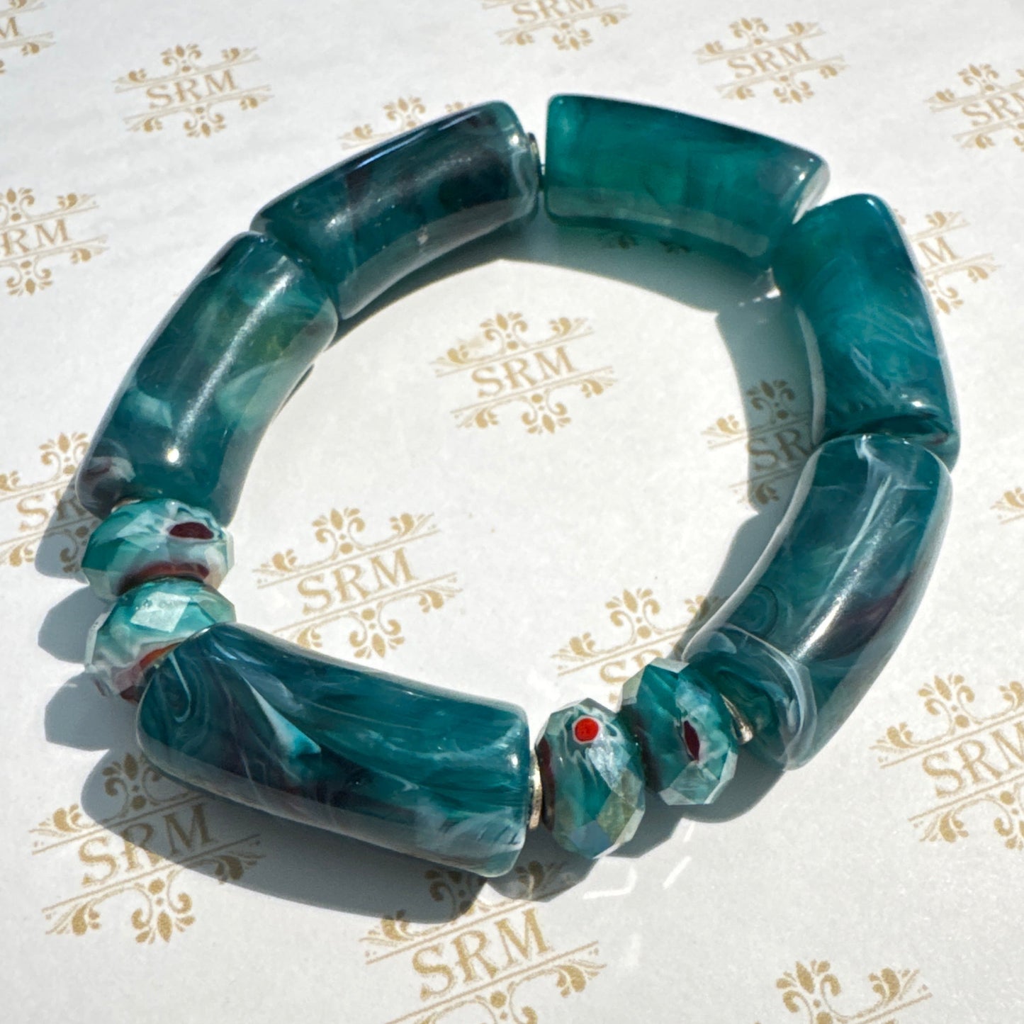 Bracelet : Blue/Green "Acrylic Gemstone", Acrylic Tubes, ~7"