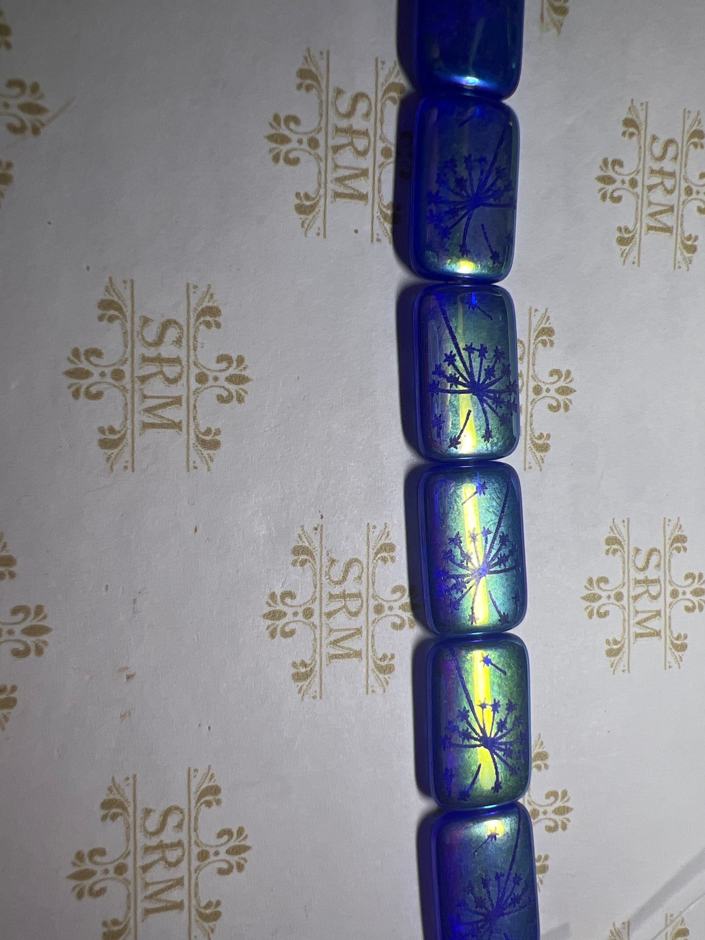 Beads : Czech Glass : Laser Tattoo Dandelion : Blue Rectangle