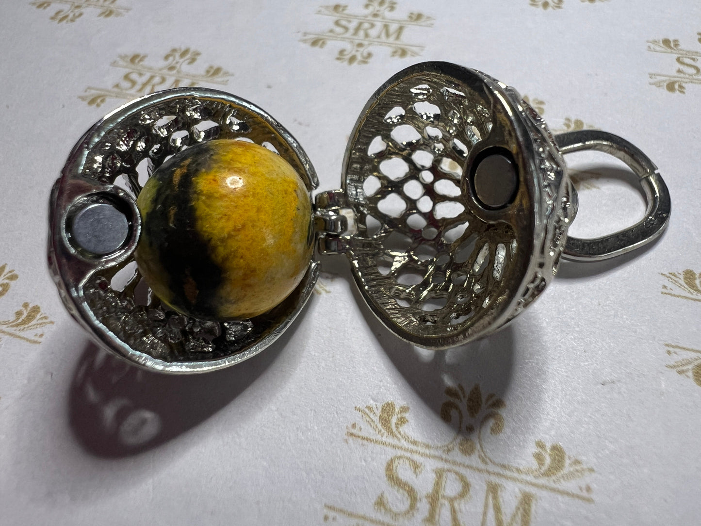 Novelty : Bumble Bee Jasper Mini Sphere : with Silver Metal Cage. Choice!!