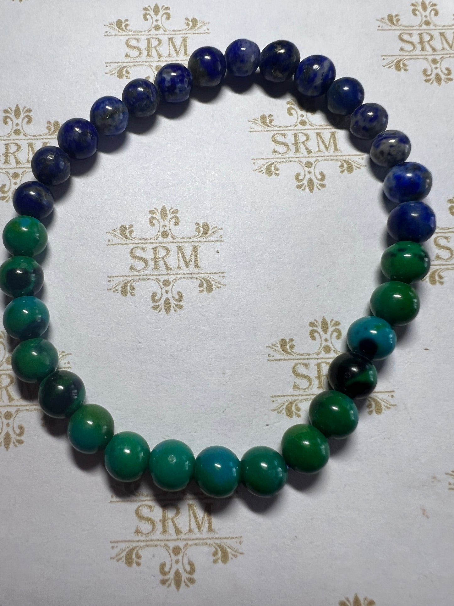 Bracelet : 6mm half Chrysocolla + half UV Lapis Lazuli : 6½”, 6¾“. Choice!