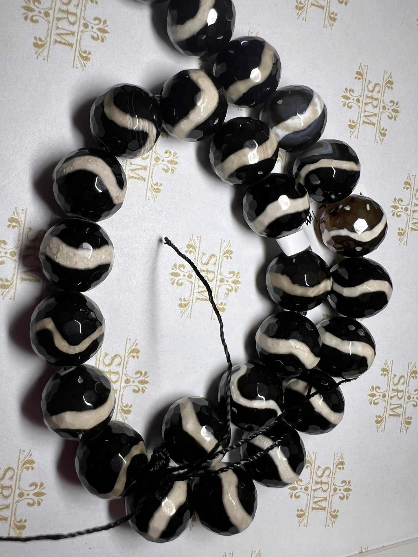 Beads : Tibetan Agate : Black/White Line: Hand Painted : 13mm