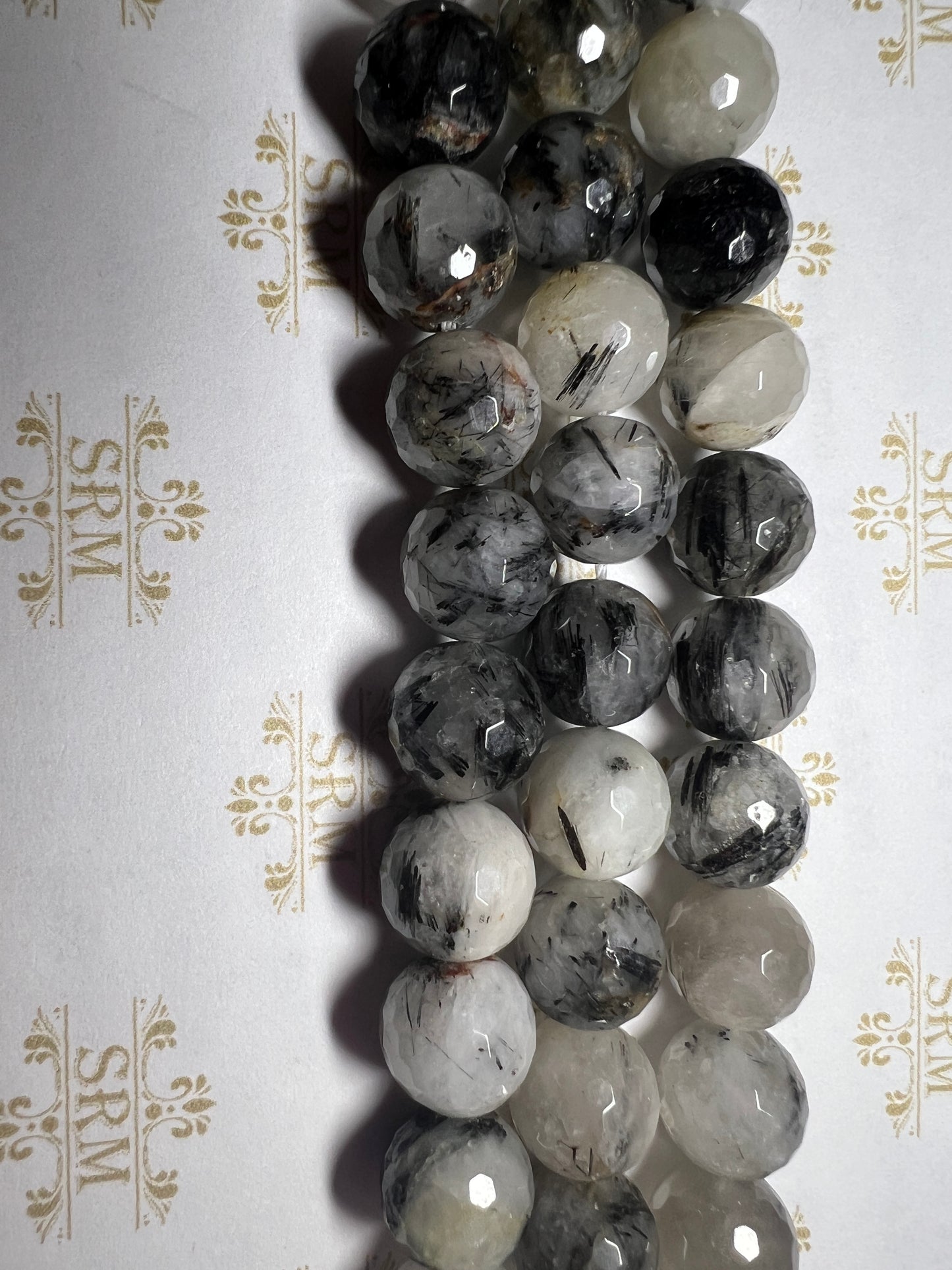 Beads : Black Tourmaline in Quartz : Faceted : 12mm