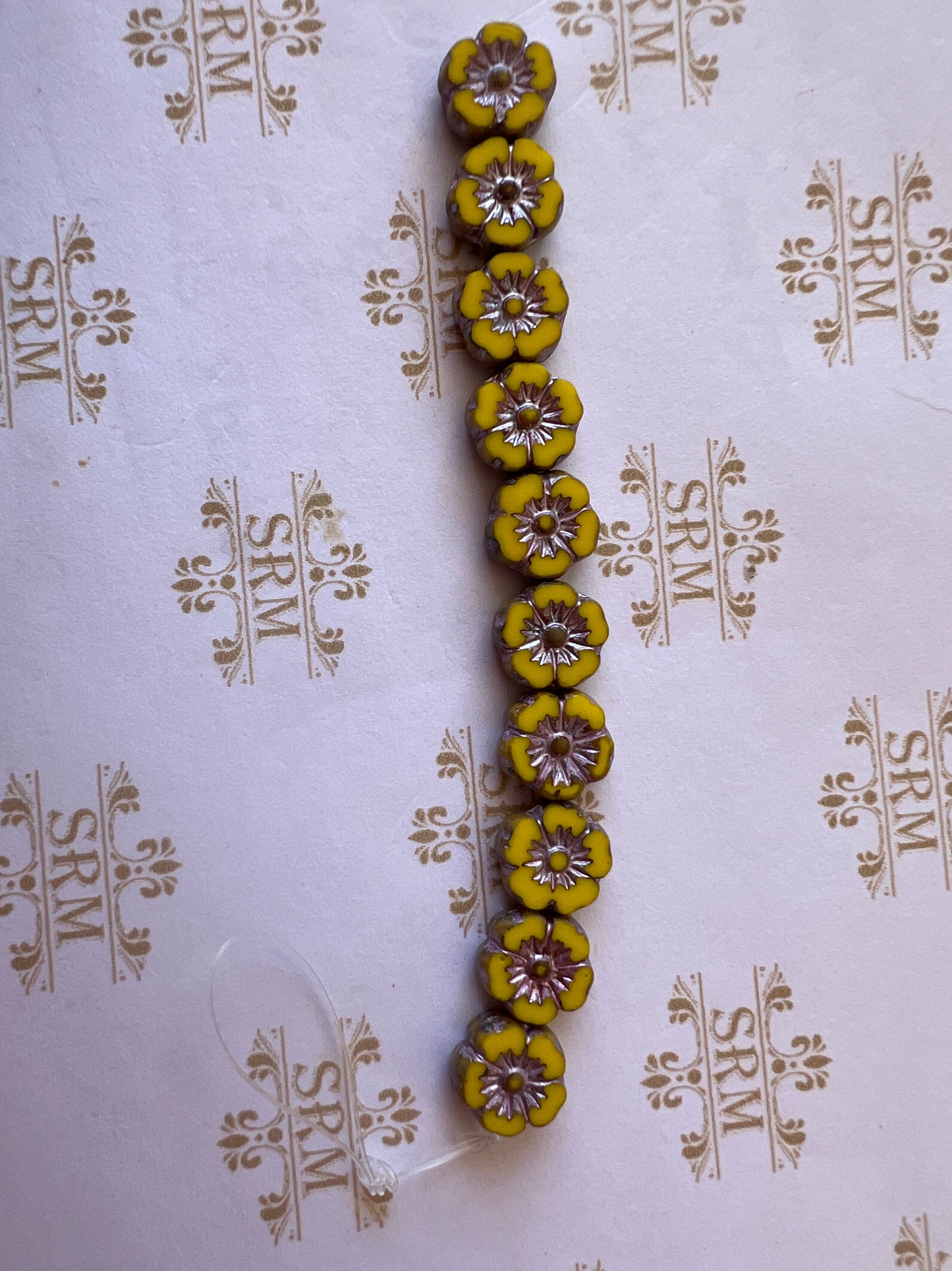 Beads : Czech Glass : UV Yellow Flowers with Gold Center : Small