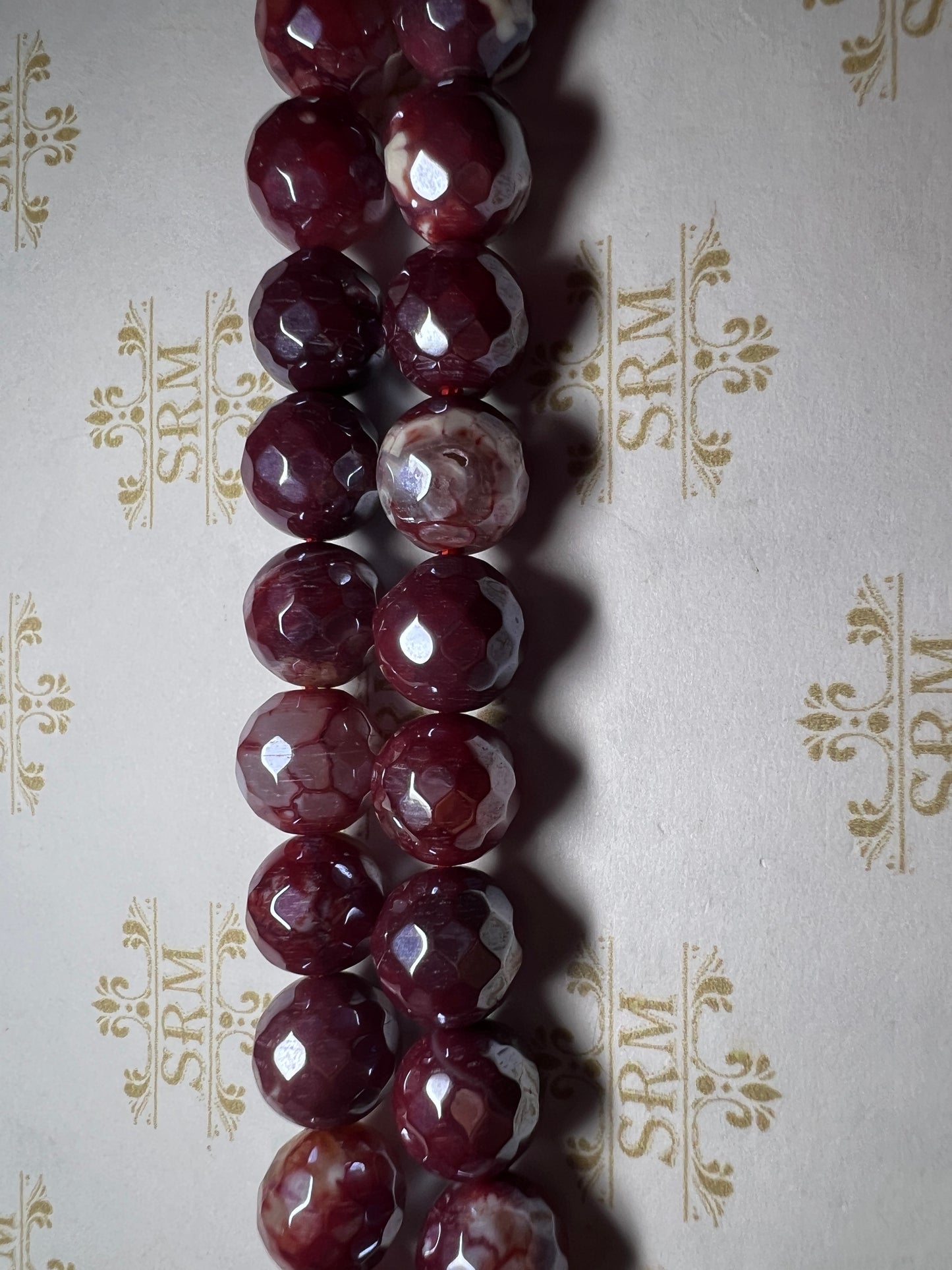 Beads : Dark Red/White Agate : Faceted : Electroplated : 10mm