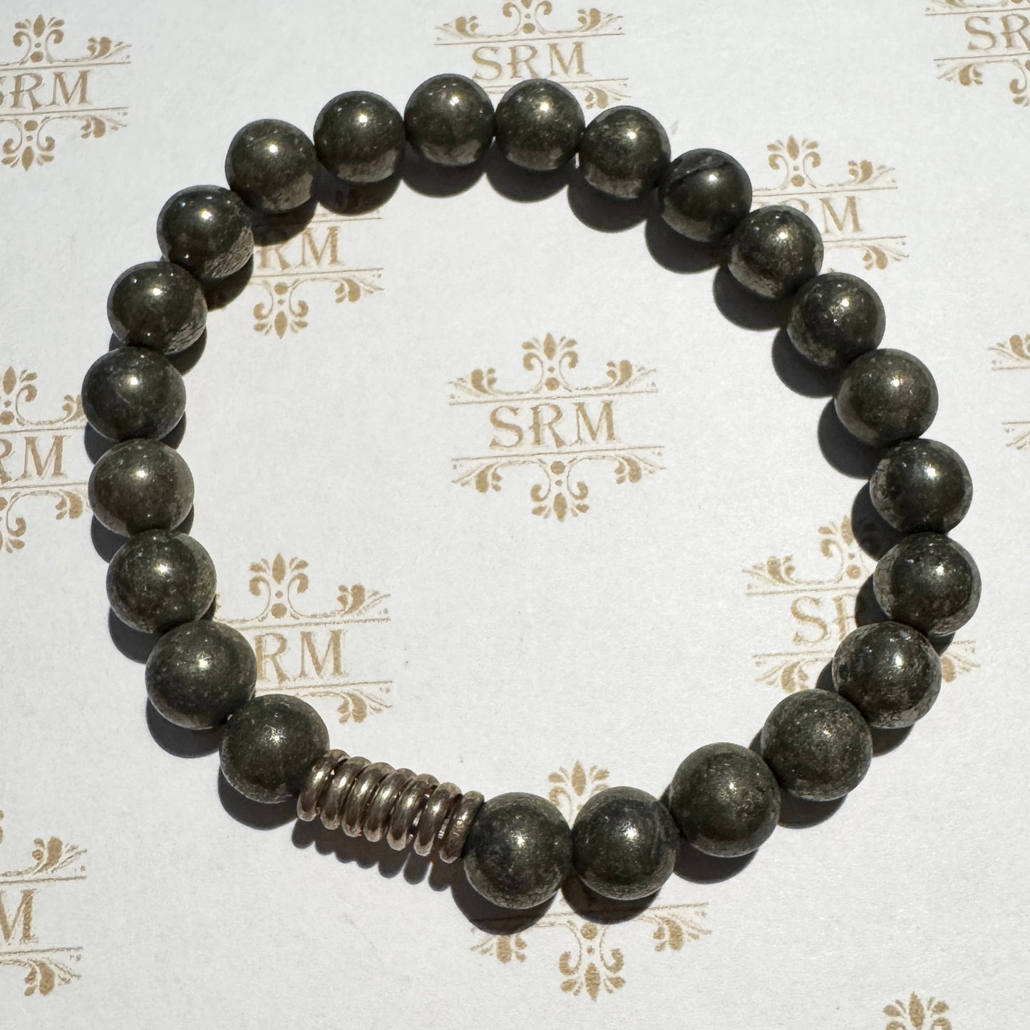 Bracelet : 8mm Pyrite with Sterling Silver Coil, 6½"