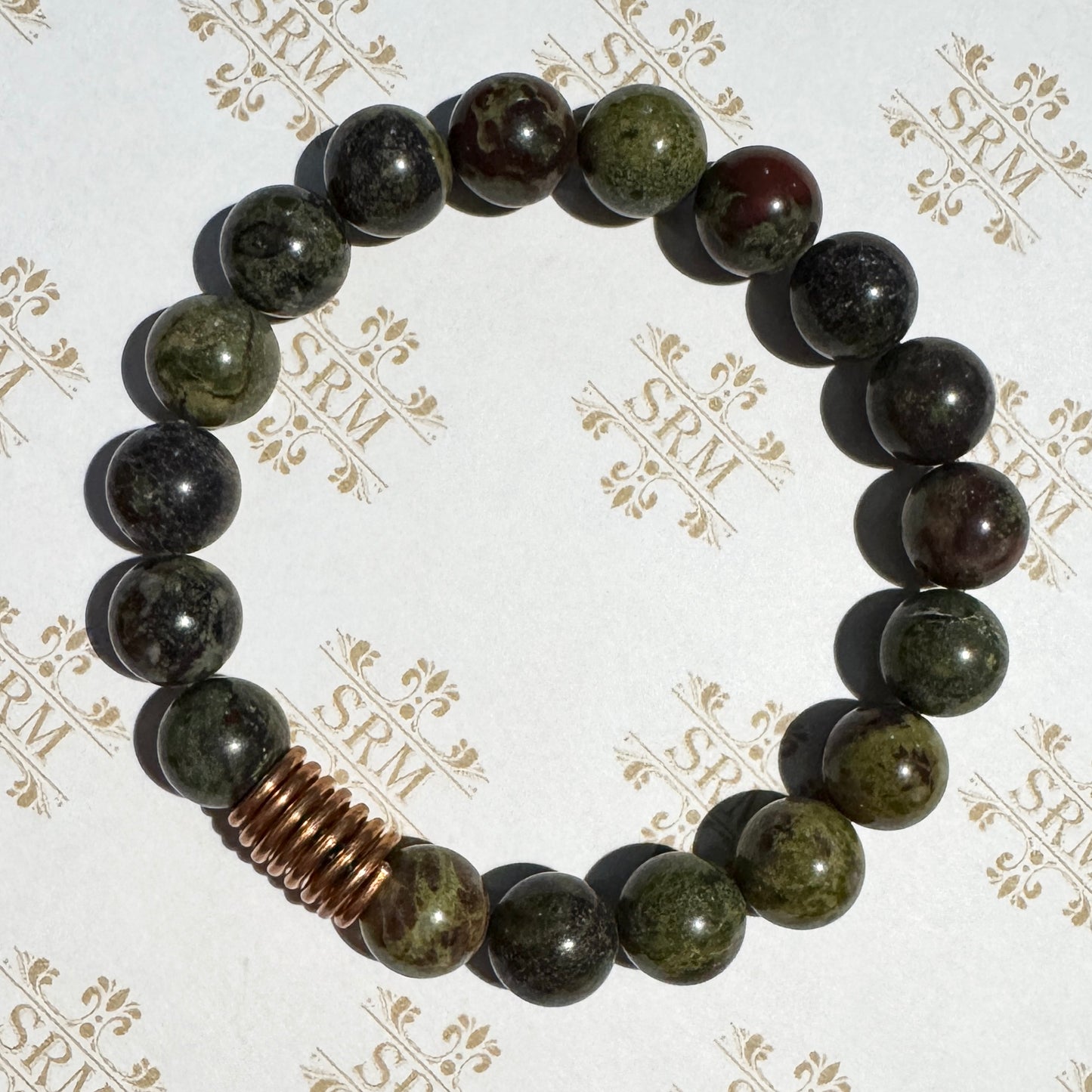 Bracelet : 10mm Dragon's Blood Jasper with Copper Coil, 6½"