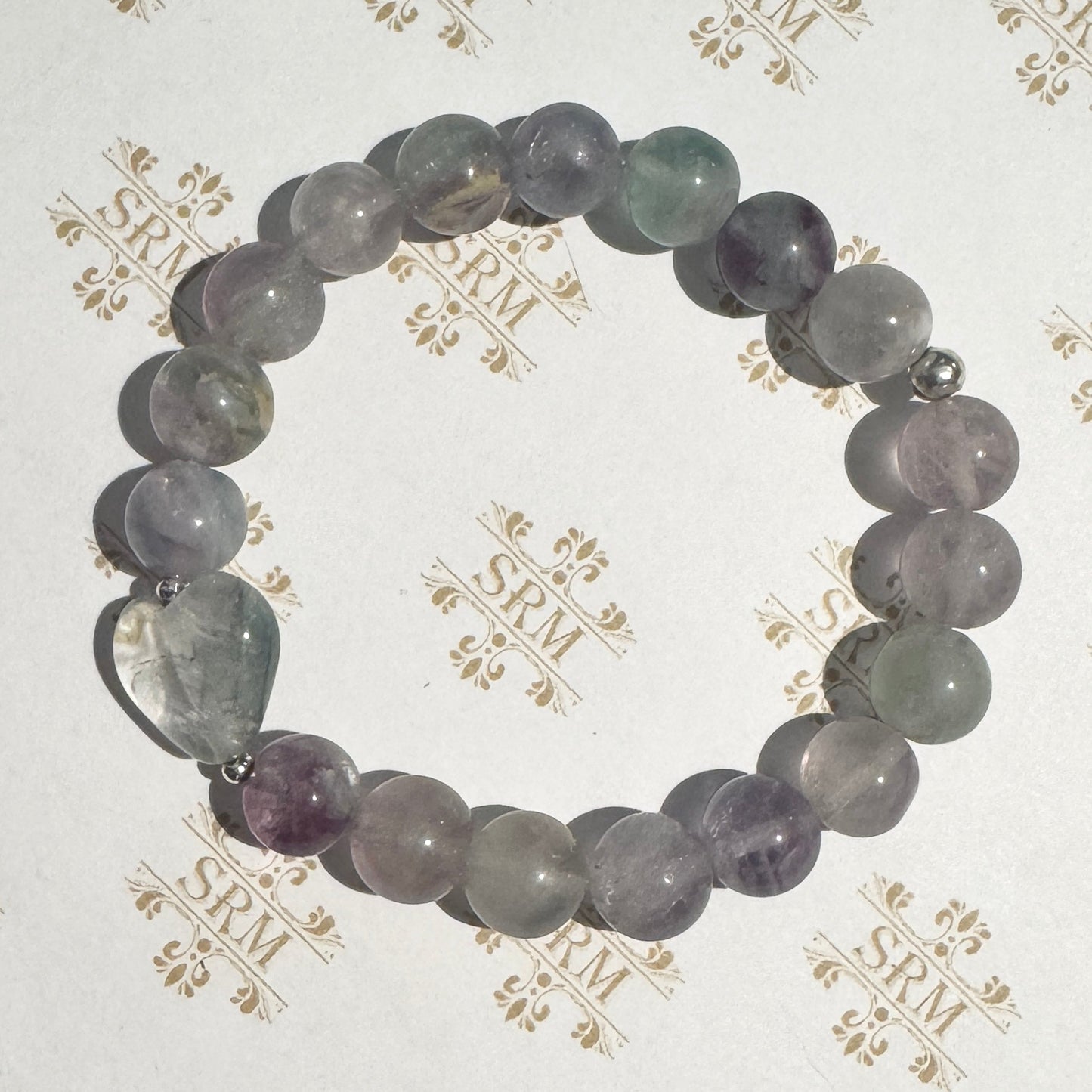 Bracelet : 10mm Fluorite with Fluorite Heart, 6¾", 7½"