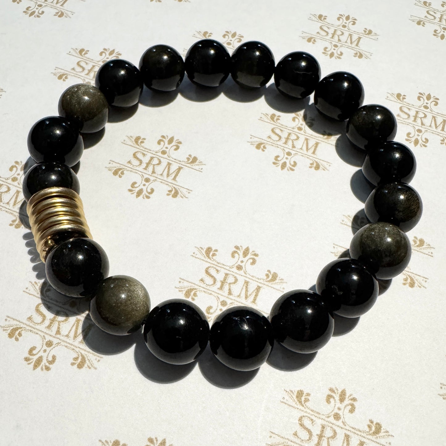 Bracelet : 10mm Gold Sheen Obsidian with Gold Filled Coil, 6½"