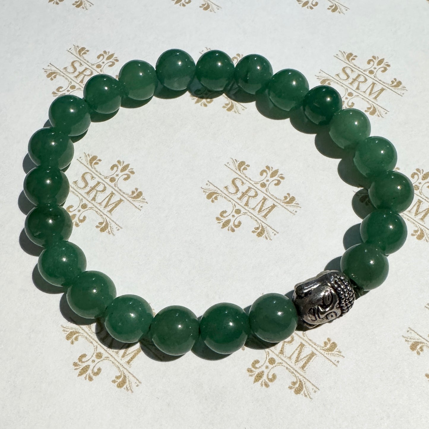 Bracelet : 8mm Green Aventurine Beads with Buddha Bead, 6.3"