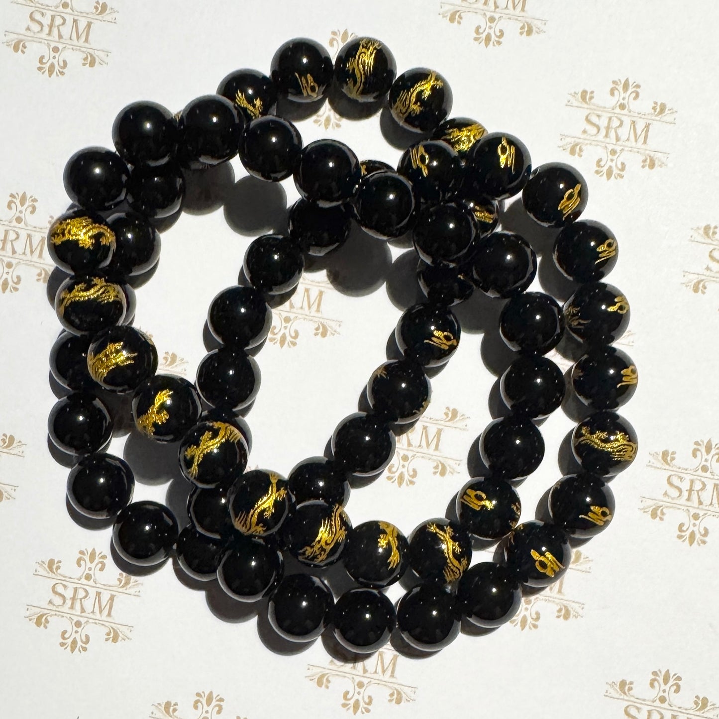 Bracelet : 10mm Polished Tourmaline and Black Onyx/Gold Dragon, 6¾", 7"