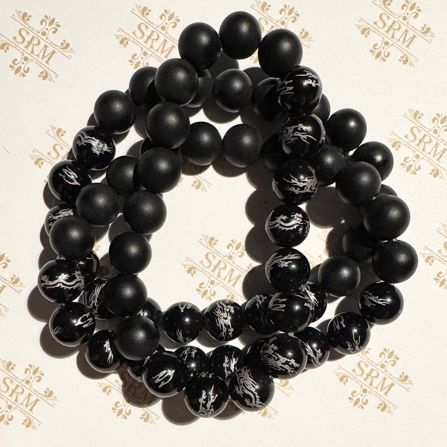 Bracelet : 10mm Matte Tourmaline and Polished Black Onyx/Silver Dragon, 6¾", 7"