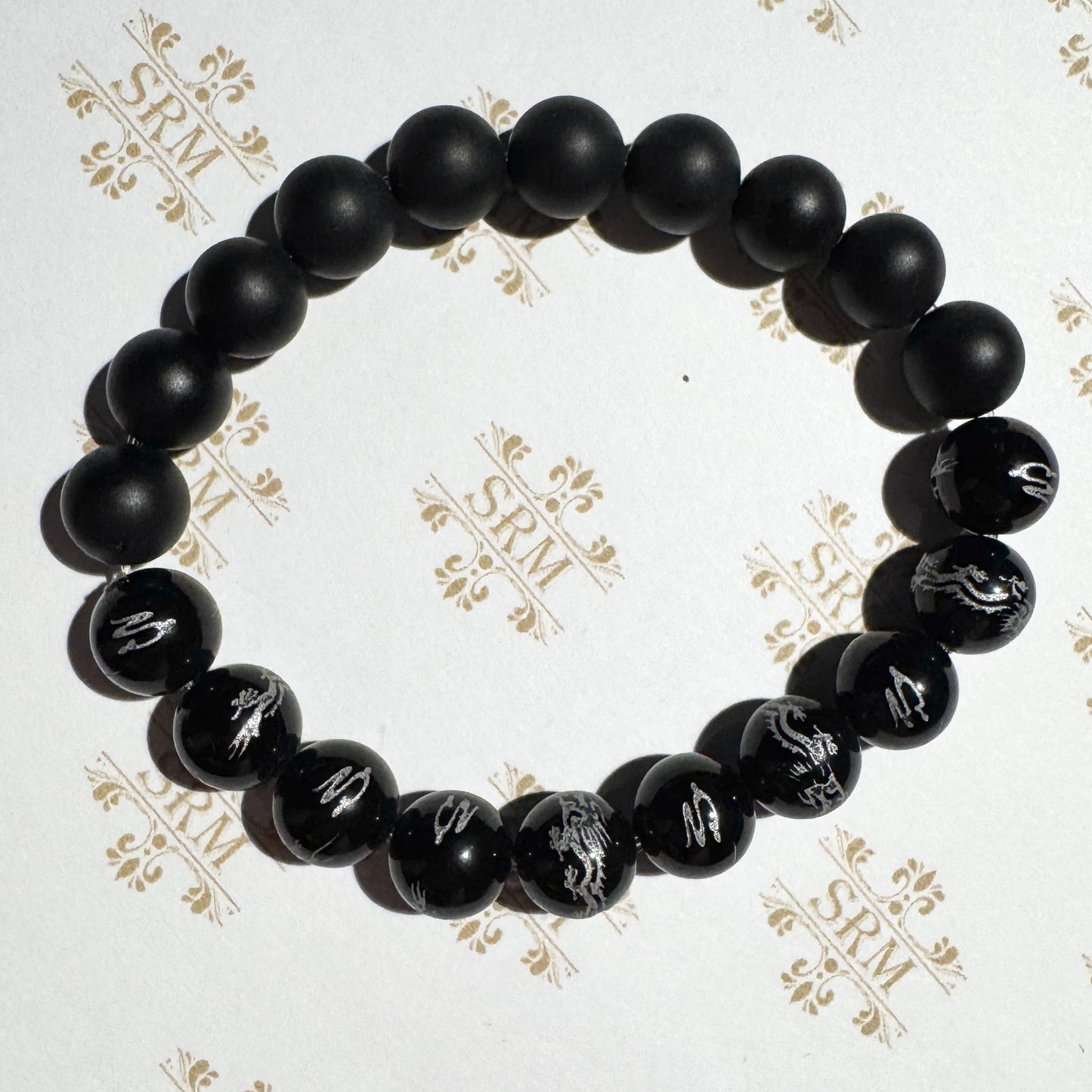 Bracelet : 10mm Matte Tourmaline and Polished Black Onyx/Silver Dragon, 6¾", 7"