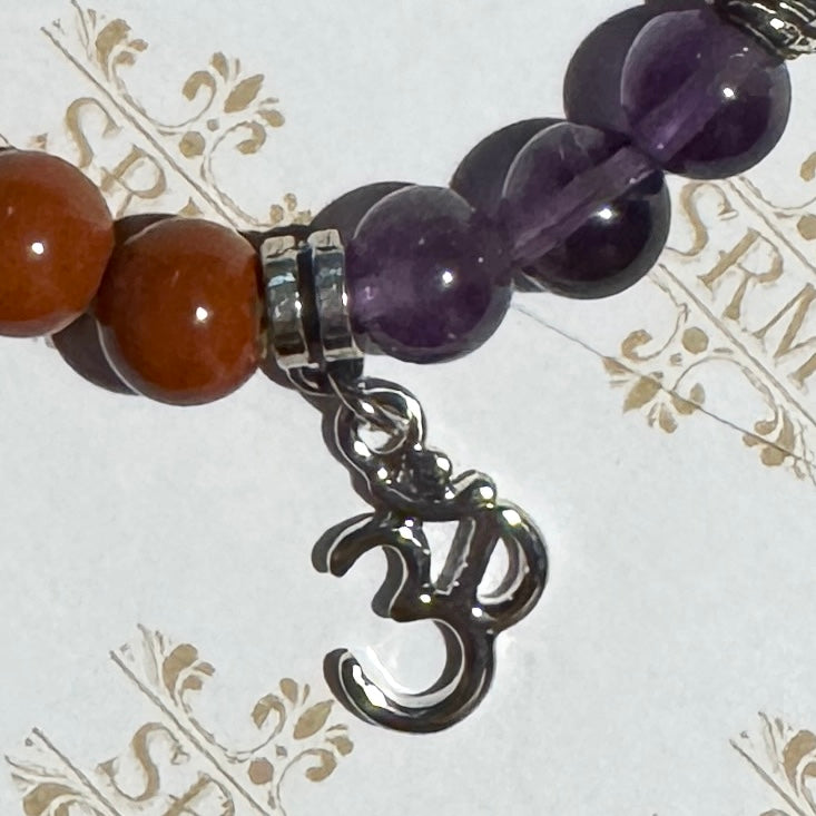 Bracelet : 8mm Chakra Beads of Three with Charm, 7" : Sahasara, Lotus, Tree of Life