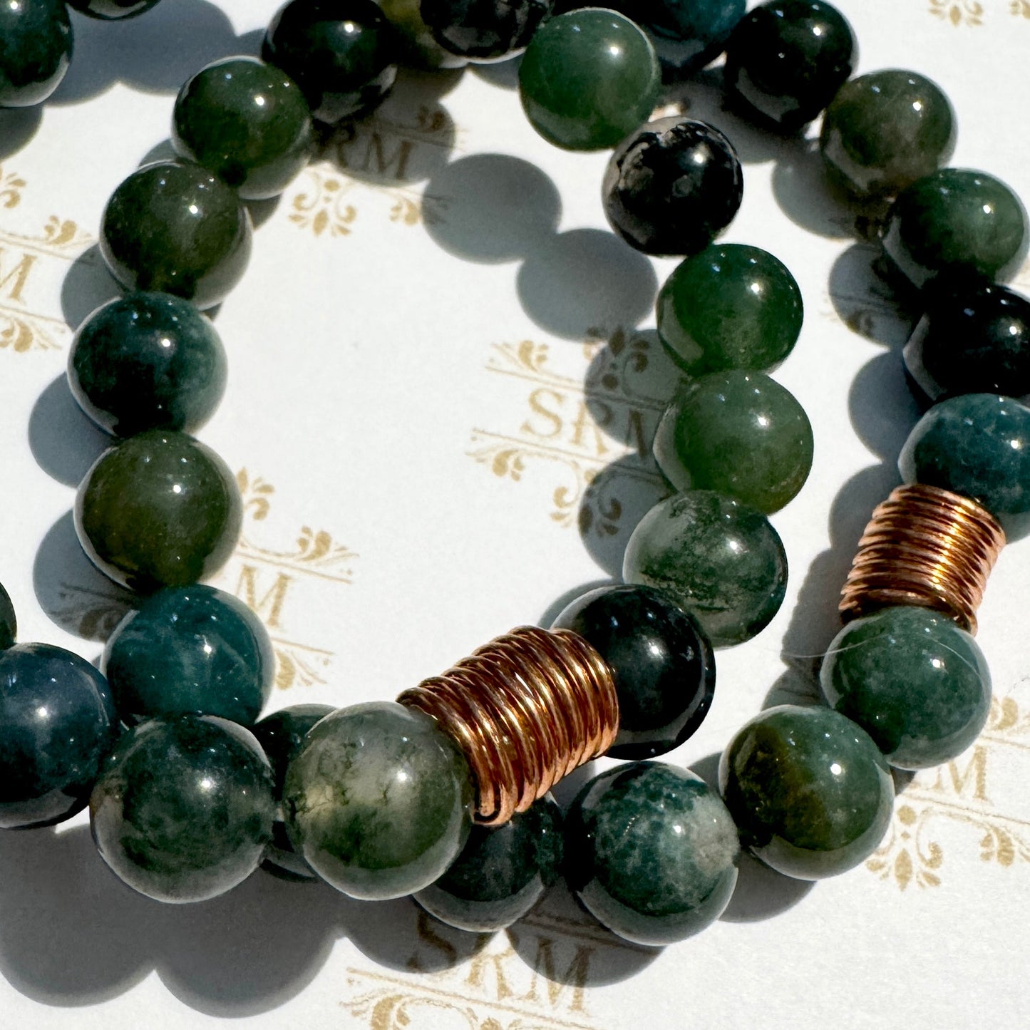 Bracelet : 10mm Moss Agate with Copper Coil, 6¼", 6½"