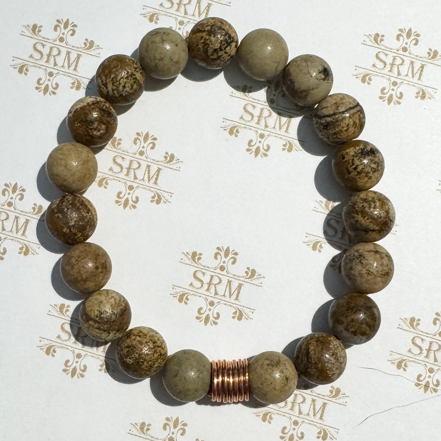 Bracelet : 10mm Dendritic Jasper with Copper Coil, 6¾", 6½", 6¼"