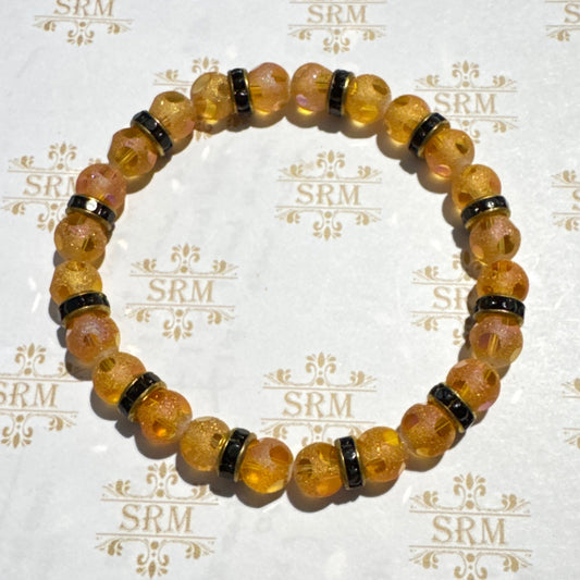 Bracelet : 8mm Frosted Orange Glass and Rhinestones, 6¾", 7"+