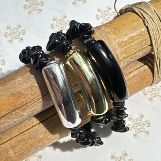 Bracelet : Chip : Black Tourmaline with Silver, Gold and Black Acrylic Tube, Set of 3, 7"
