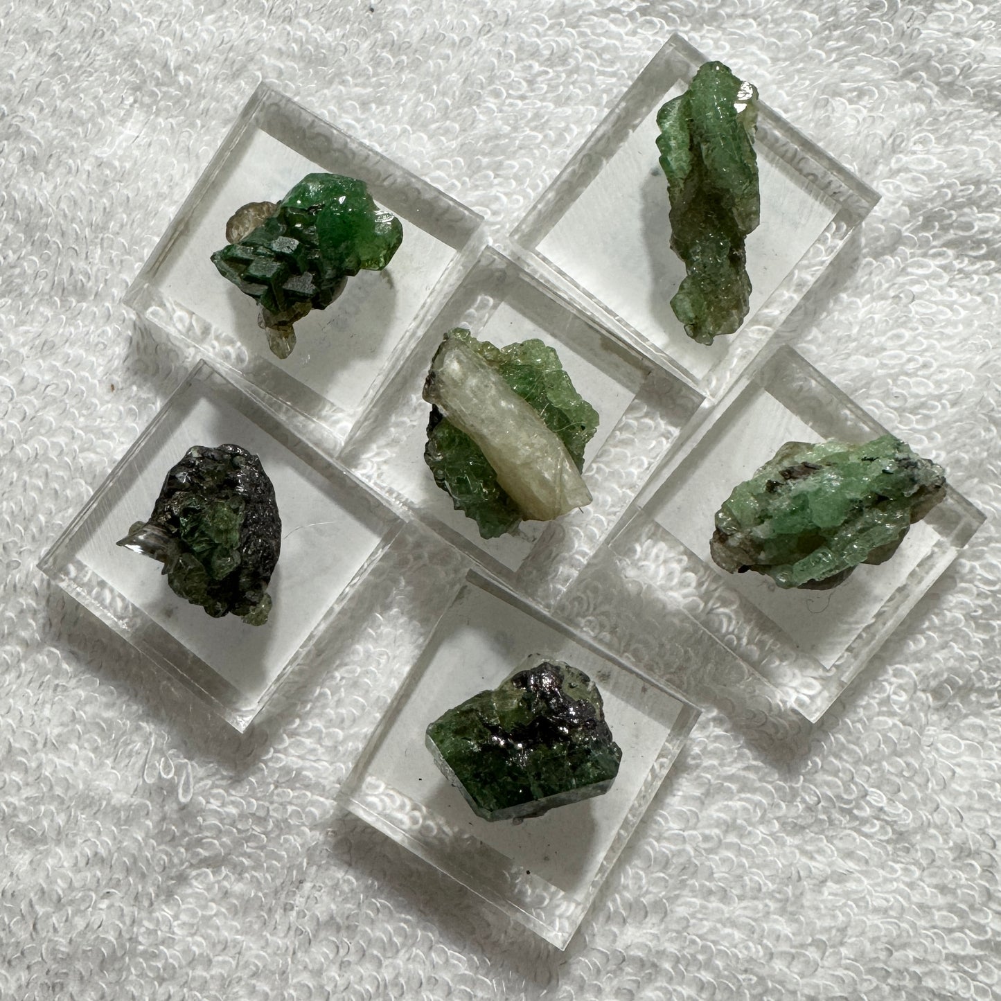 Crystal : Mounted : Tsavorite / Green Garnet Crystals on acrylic base
