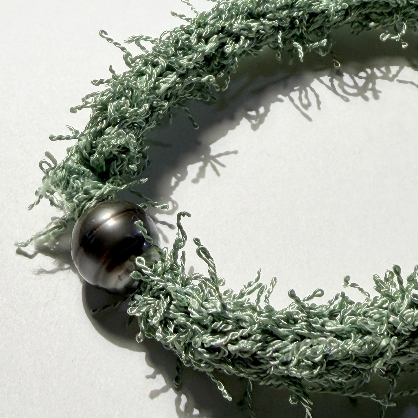 Necklace : 21" and 27" Fuzzy Woven Textile with 11mm Tahitian Pearl