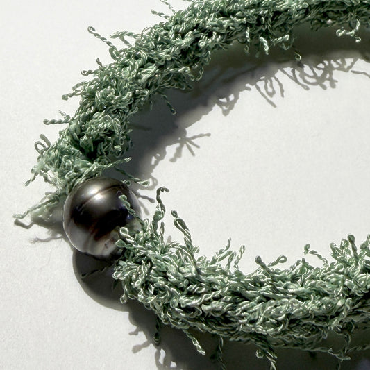 Necklace : 21" and 27" Fuzzy Woven Textile with 11mm Tahitian Pearl