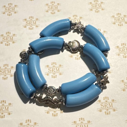 Bracelet : 'Mermaid' Blue Lucite, Silver Metal Sea Creatures and Hematite, 7"+