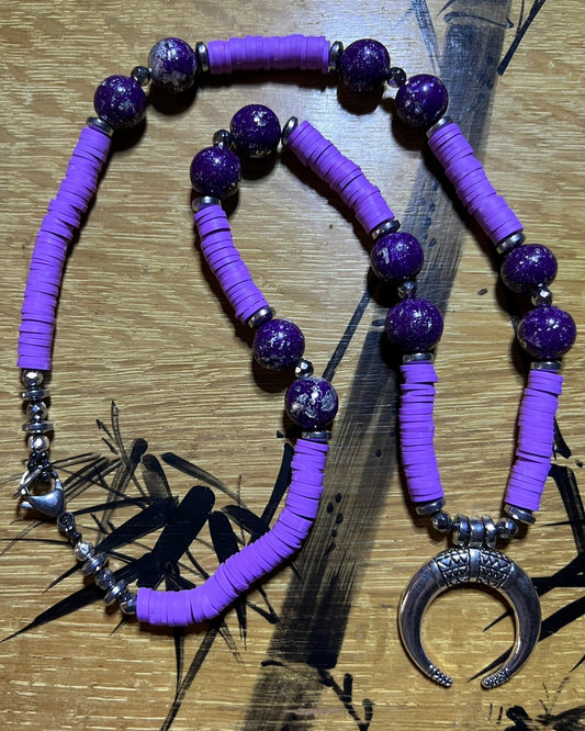 Necklace : Vinyl and Artist-made beads and Hematite, 18"