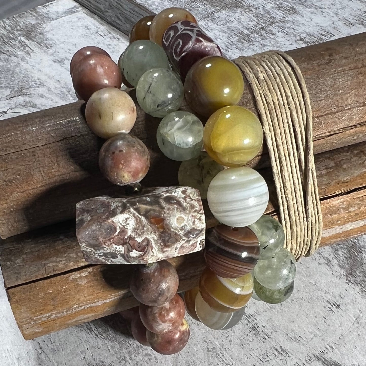Bracelet : Agate, Jasper, Prehnite, Set of 3, 6¾"+