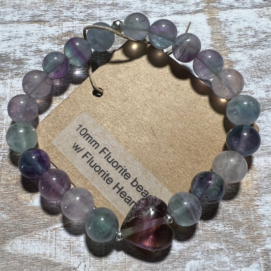 10mm Fluorite bead bracelet with Fluorite heart