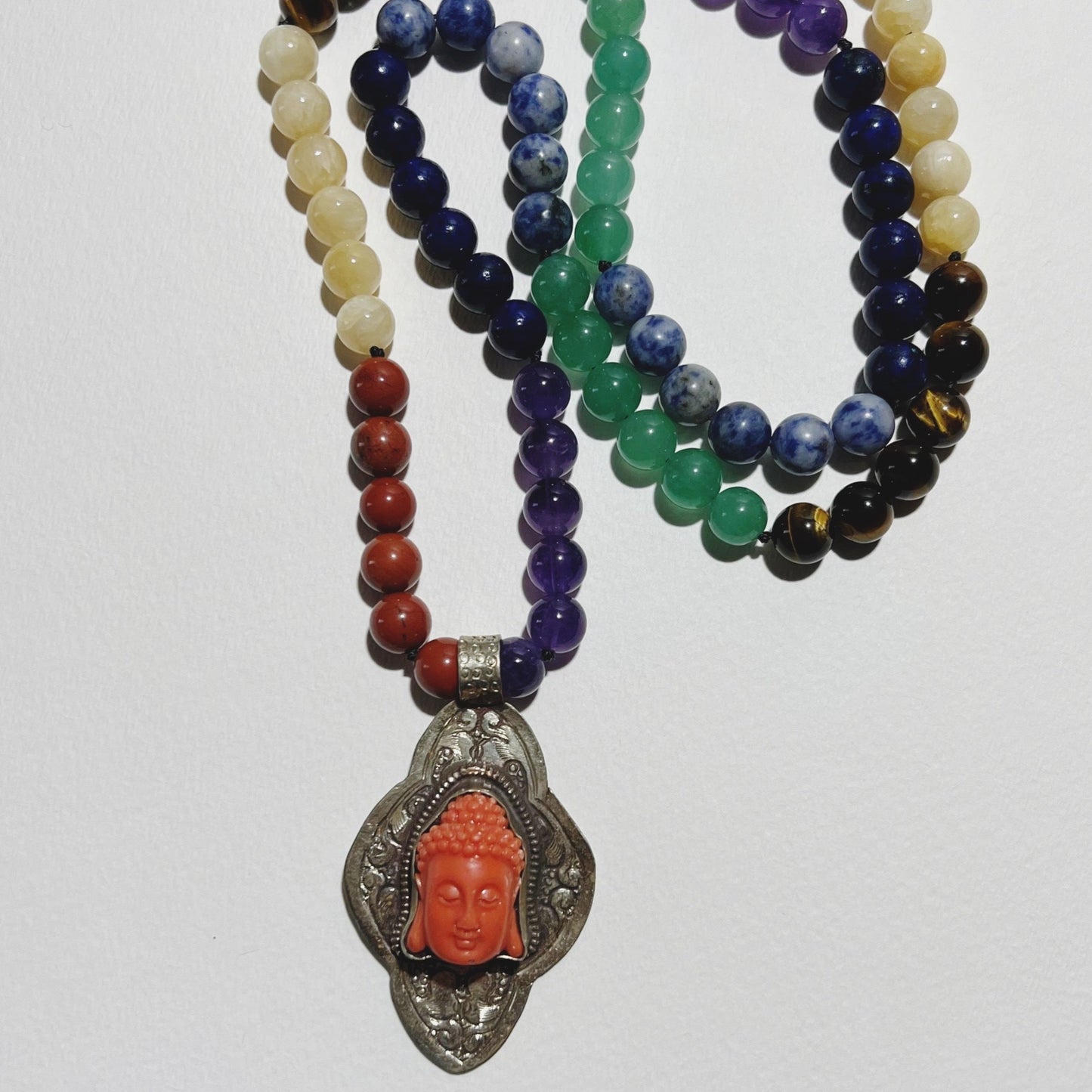 34" Chakra bead necklace with Buddha head pendant