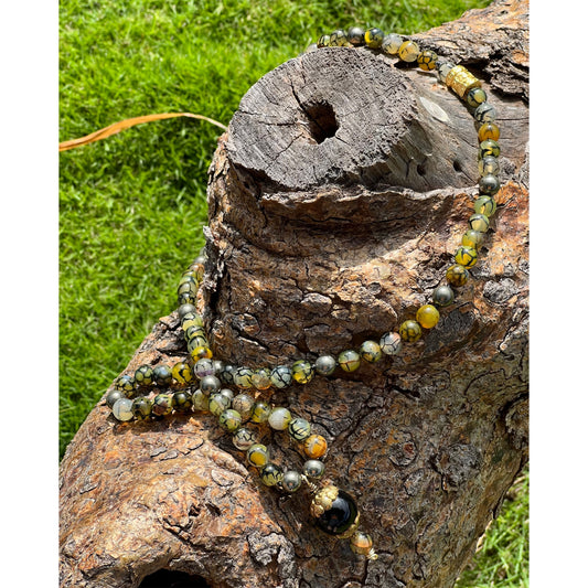 Dragon vein Agate necklace (34") with Tibetan bead pendant (2")