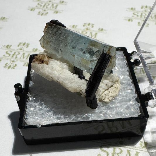 Crystal : Mounted : Natural Aquamarine with Tourmaline inclusions and Feldspar, 5¾g, Namibia