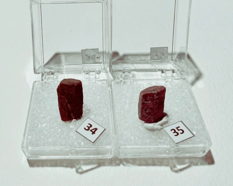 Ruby (Corundum) specimens in boxes