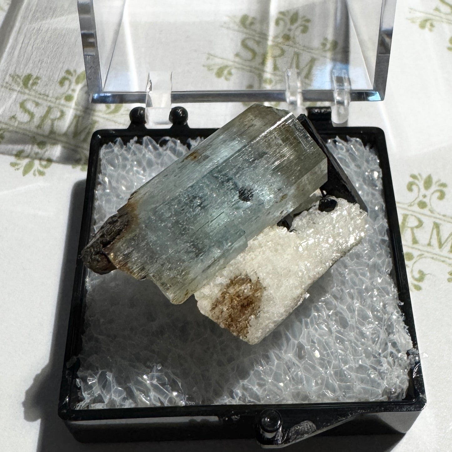 Crystal : Mounted : Natural Aquamarine with Tourmaline inclusions and Feldspar, 5¾g, Namibia